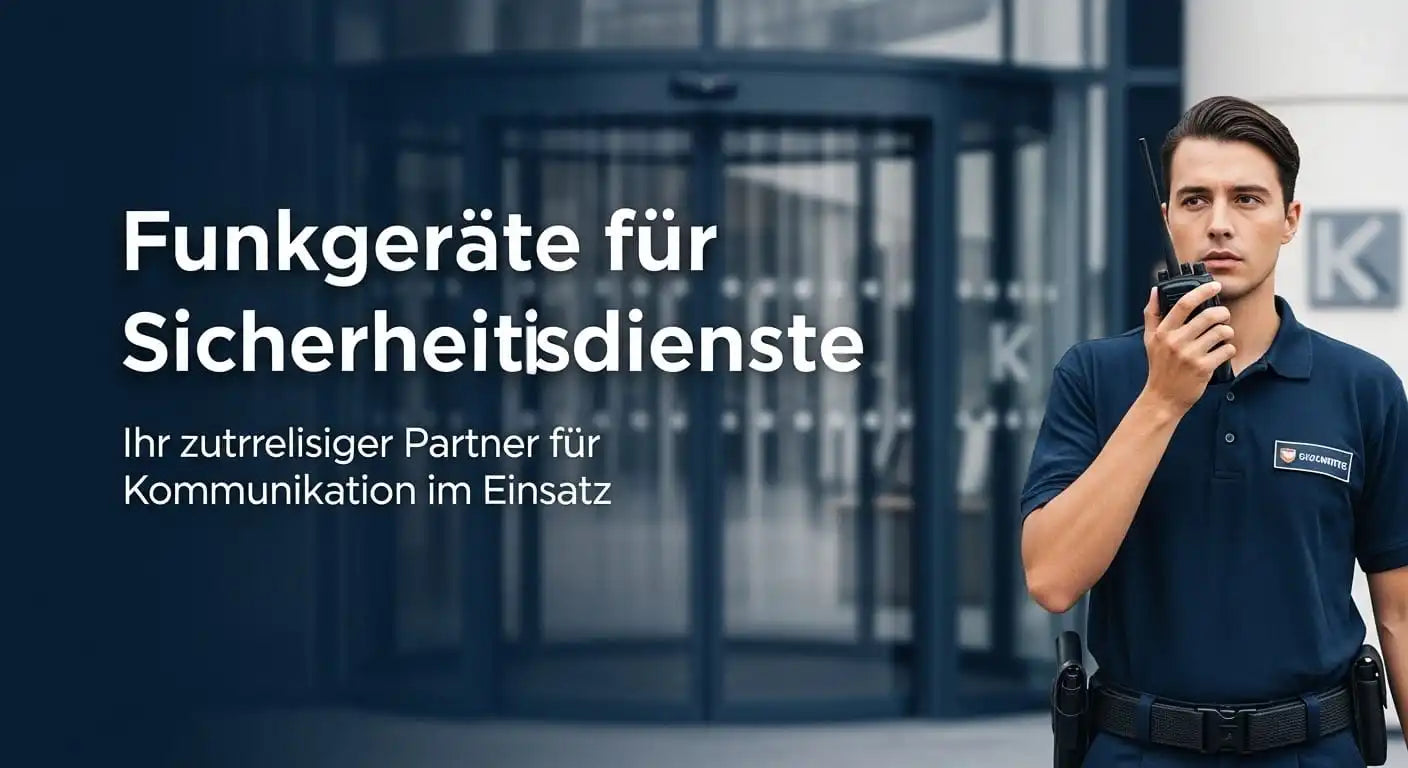 Junger Sicherheitsmitarbeiter mit einem Funkgerät in der Hand, vor einem modernen Gebäudeeingang stehend. Der Text 