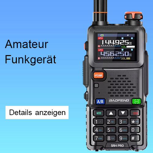 Baofeng Amateurfunkgerät 5RH Pro Handfunkgerät, ideal für Hobbyfunker und lizenzierten Funkbetrieb. Zeigt das Display mit Frequenzen und Tastenfeld.