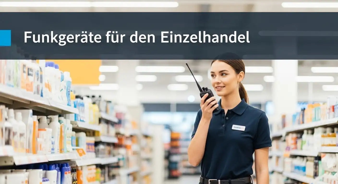 Ein Mann in einer gelben Warnweste und mit einem Funkgerät in der Hand steht in einem Lagerhaus zwischen hohen Regalen, die mit Kisten gefüllt sind. Im Hintergrund ist ein Gabelstapler zu sehen.