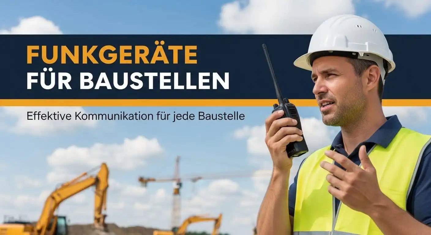 Ein Bauleiter mit Schutzhelm und Warnweste koordiniert die Arbeit auf einer Baustelle per Funkgerät.