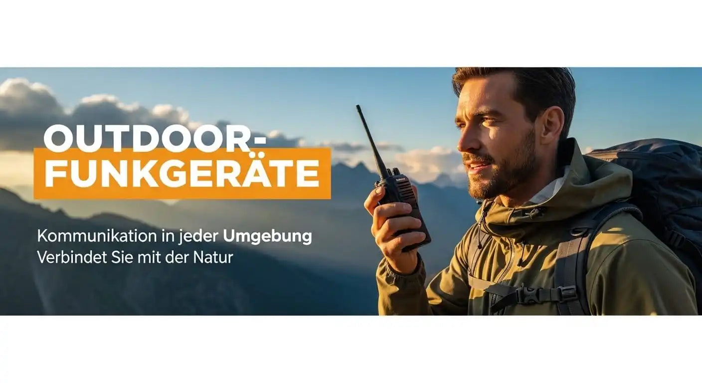 Ein Wanderer mit Rucksack steht in einer Berglandschaft und kommuniziert über sein Outdoor-Funkgerät.