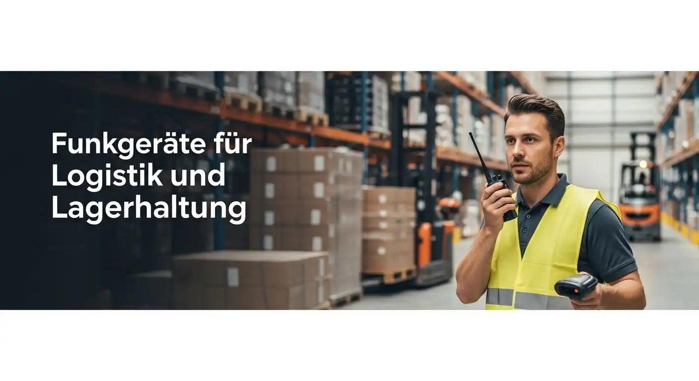 Ein Mann in einer gelben Warnweste und mit einem Funkgerät in der Hand steht in einem Lagerhaus zwischen hohen Regalen, die mit Kisten gefüllt sind. Im Hintergrund ist ein Gabelstapler zu sehen.