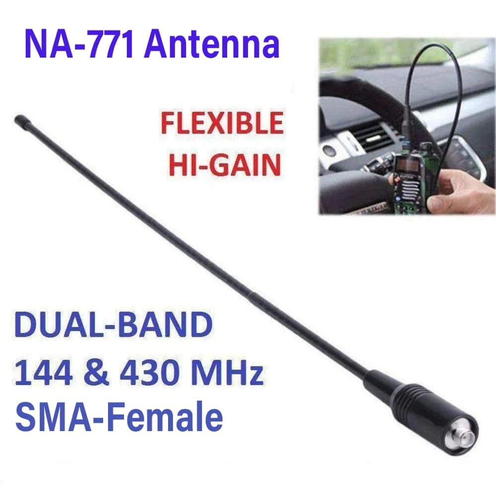 Produktbild der NA-771 Antenne mit Text, der ihre Eigenschaften hervorhebt: Flexibel, Hi-Gain, Dual-Band (144 & 430 MHz) und SMA-Female. Ein kleines Bild in der oberen rechten Ecke zeigt die Antenne in einem Auto.
