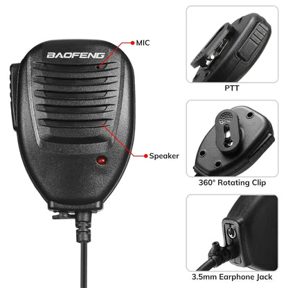 Detailansicht des Baofeng Speaker Mic mit PTT-Taste und 3,5-mm-Klinkenanschluss