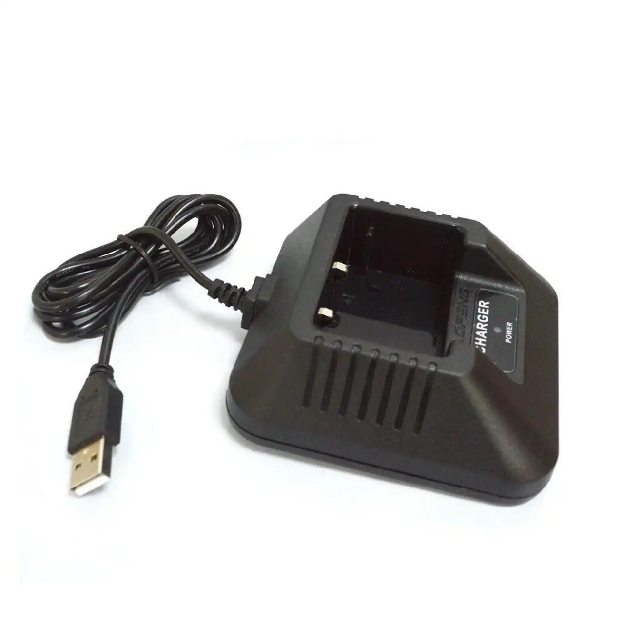Baofeng USB-Desktop-Ladegerät für UV-5R Serie, Ansicht von oben mit Ladeschale und Kabel