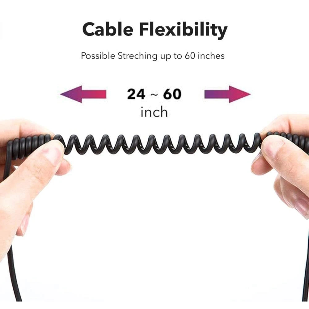 Eine Person, die das gewendelte Kabel des Mikrofons auseinanderzieht. Der Text beschreibt die "Kabelflexibilität" und die mögliche Dehnung des Kabels von 24 bis 60 Zoll (ca. 61 bis 152 cm).