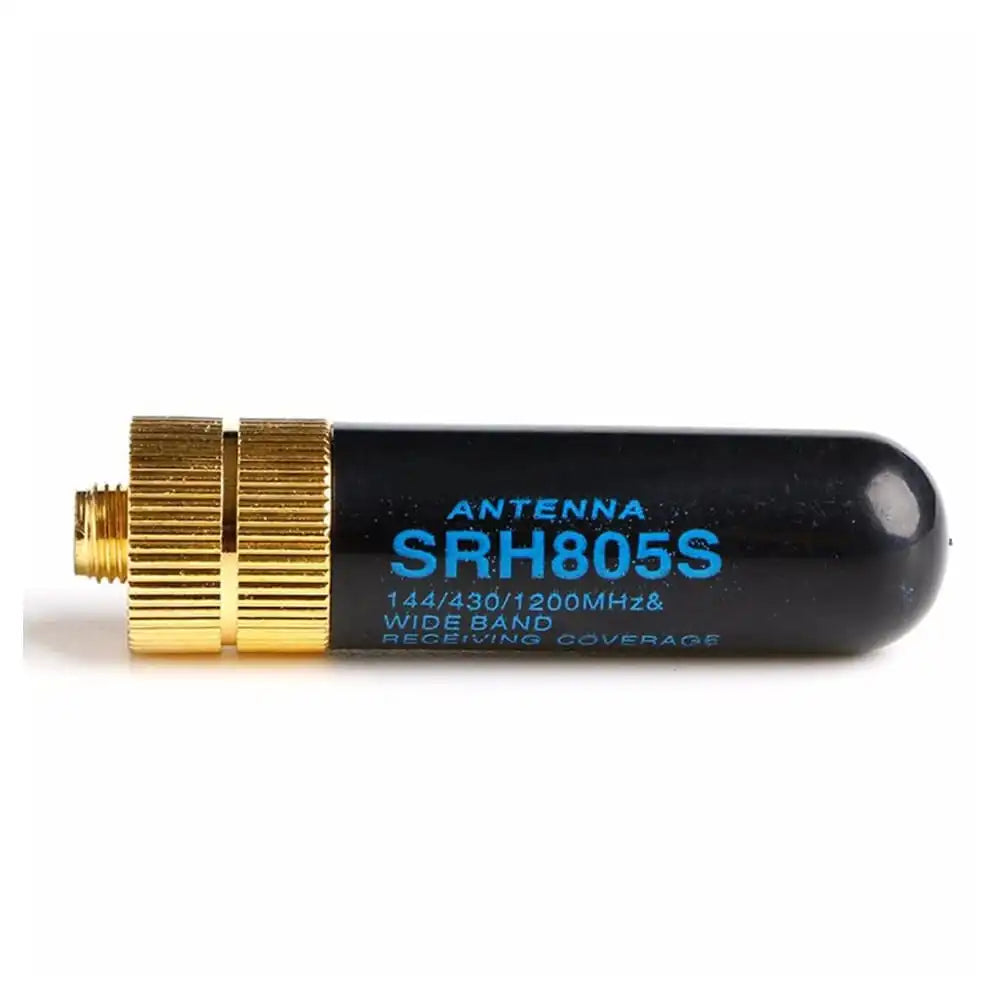 Die SRH805S SMA-Female Antenne ist aus der Vogelperspektive fotografiert, um die Oberseite der Antenne und die flache Bauweise des 45 mm kurzen Designs für Baofeng Funkgeräte zu zeigen.